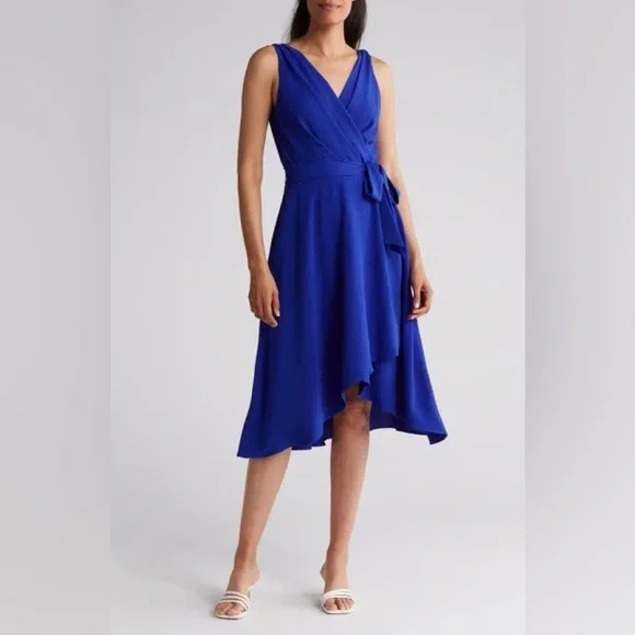 slim fit dress slacks London Times Plus Size Foldover-Neck Fit & Flare Dress - Navy main image 1